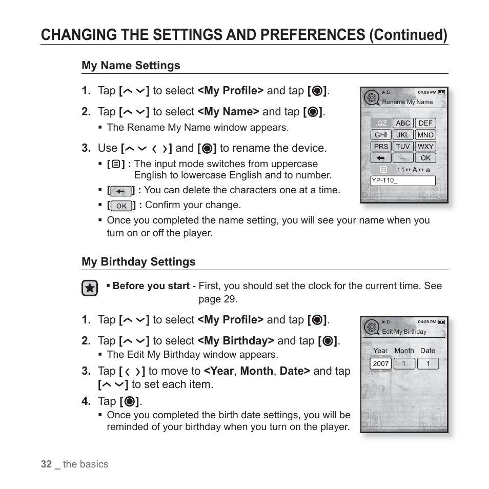 Changing the settings and preferences (continued) | Samsung YP-T10JAGY-XAA User Manual | Page 32 / 121