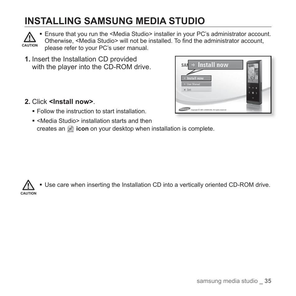 Installing samsung media studio | Samsung YP-T10JAGY-XAA User Manual | Page 35 / 121