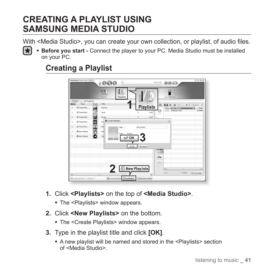 Creating a playlist usingsamsung media studio, Creating a playlist, Creating a playlist using samsung media studio | Samsung YP-T10JAGY-XAA User Manual | Page 41 / 121