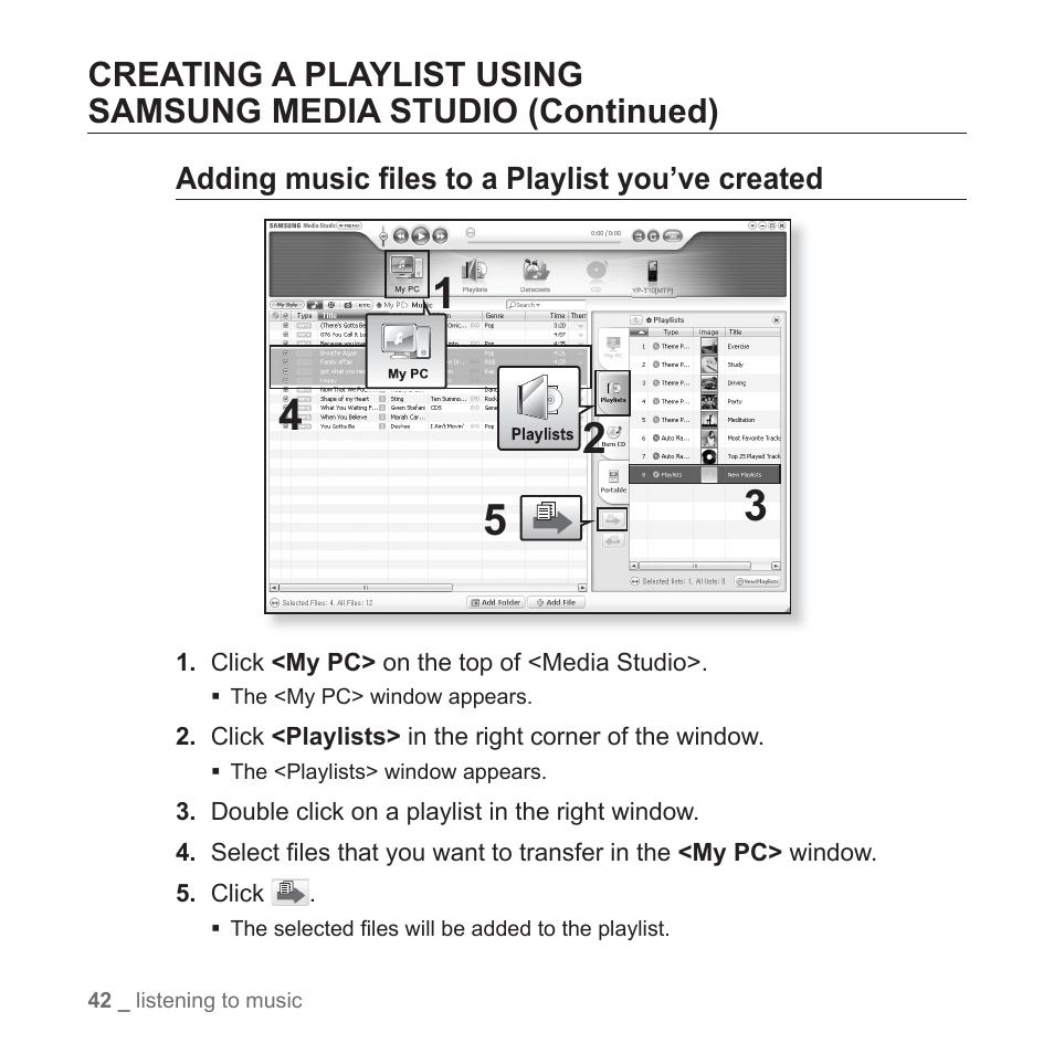 Adding music files to a playlist you’ve created | Samsung YP-T10JAGY-XAA User Manual | Page 42 / 121