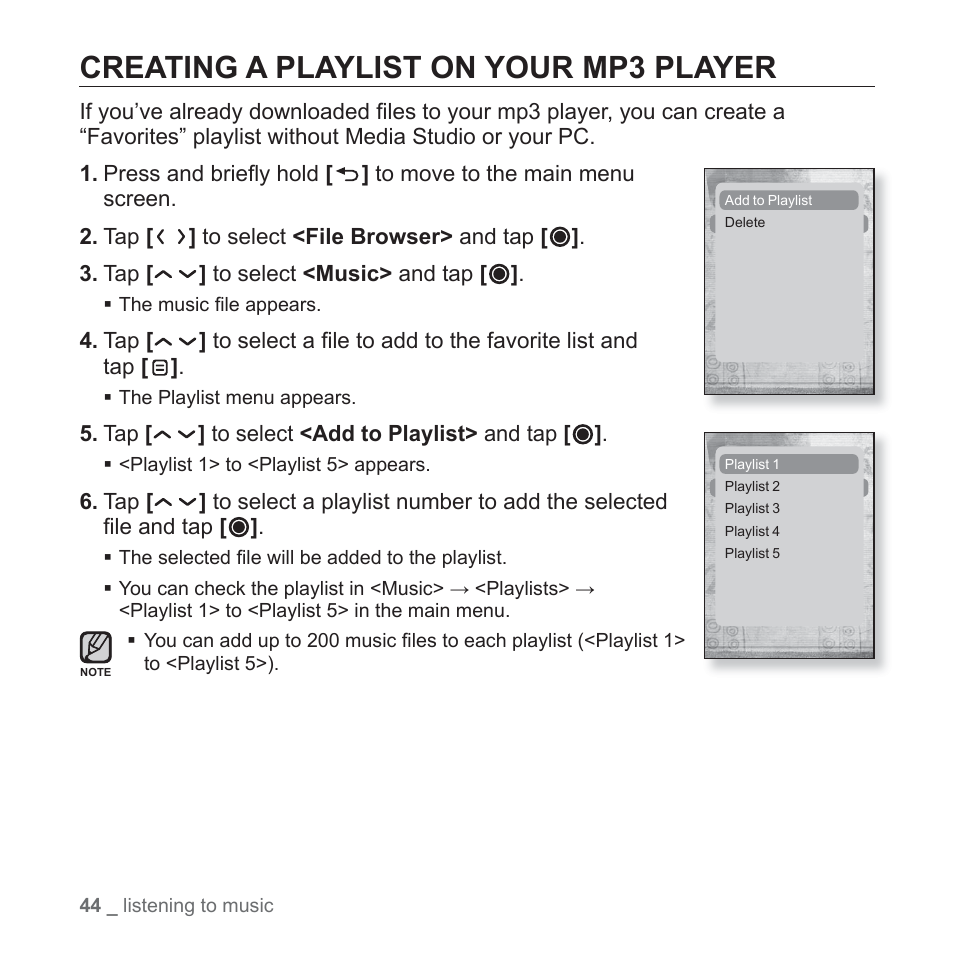 Creating a playlist on your mp3 player | Samsung YP-T10JAGY-XAA User Manual | Page 44 / 121