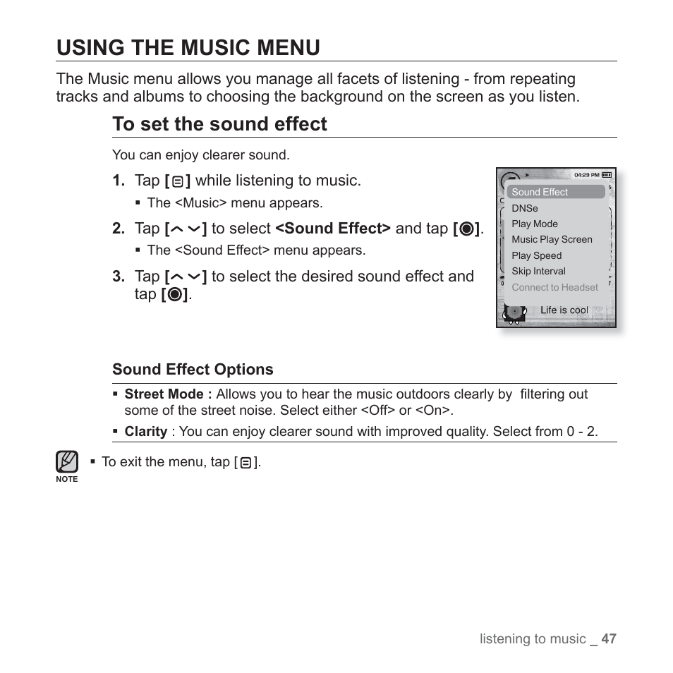 Using the music menu | Samsung YP-T10JAGY-XAA User Manual | Page 47 / 121