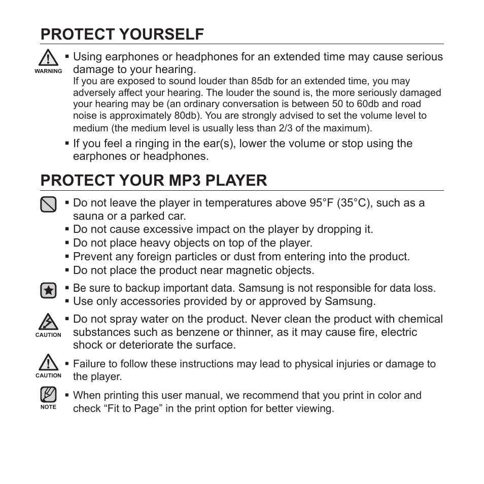 Protect yourself, Protect your mp3 player | Samsung YP-T10JAGY-XAA User Manual | Page 5 / 121