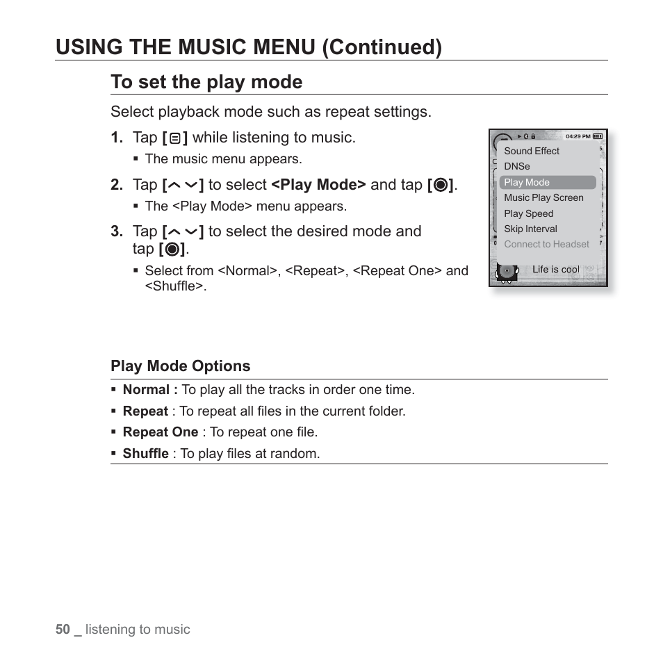 Using the music menu (continued) | Samsung YP-T10JAGY-XAA User Manual | Page 50 / 121