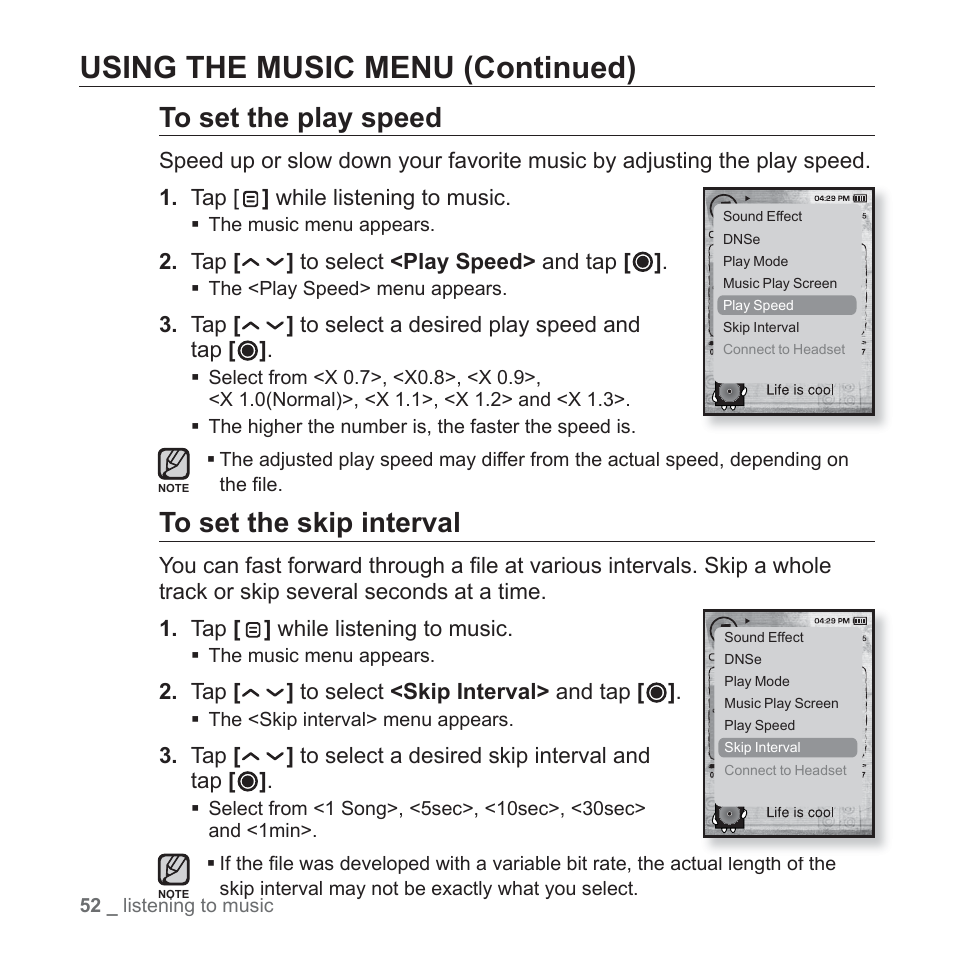 Using the music menu (continued) | Samsung YP-T10JAGY-XAA User Manual | Page 52 / 121