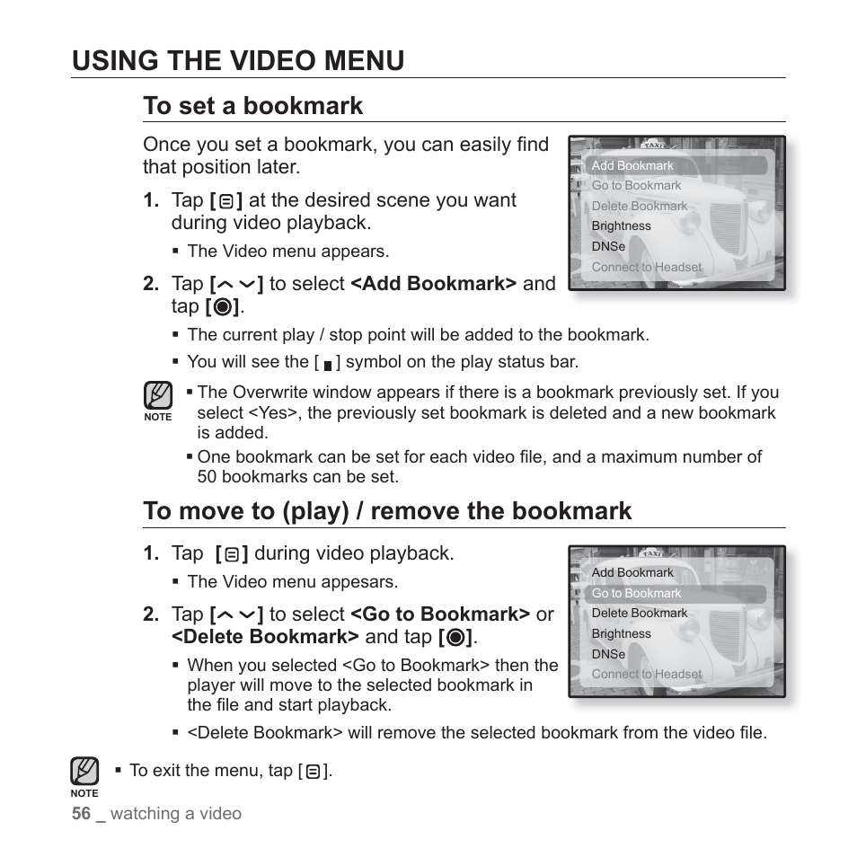 Using the video menu | Samsung YP-T10JAGY-XAA User Manual | Page 56 / 121