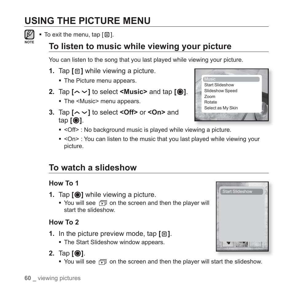 Using the picture menu | Samsung YP-T10JAGY-XAA User Manual | Page 60 / 121