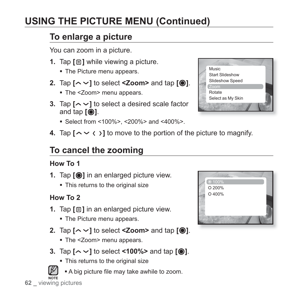 Using the picture menu (continued) | Samsung YP-T10JAGY-XAA User Manual | Page 62 / 121