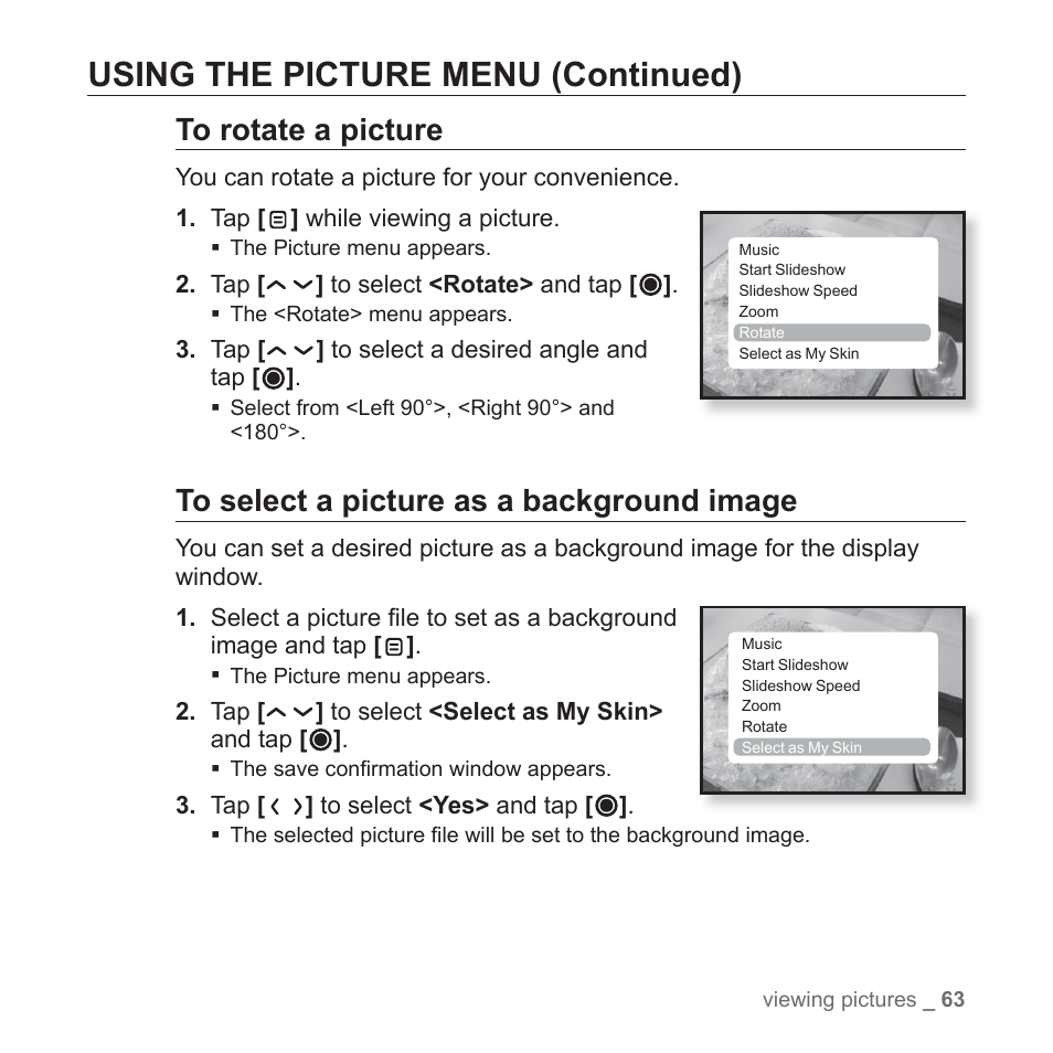 Using the picture menu (continued) | Samsung YP-T10JAGY-XAA User Manual | Page 63 / 121