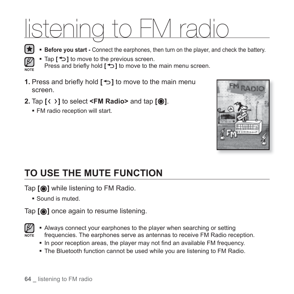 Listening to fm radio, To use the mute function | Samsung YP-T10JAGY-XAA User Manual | Page 64 / 121