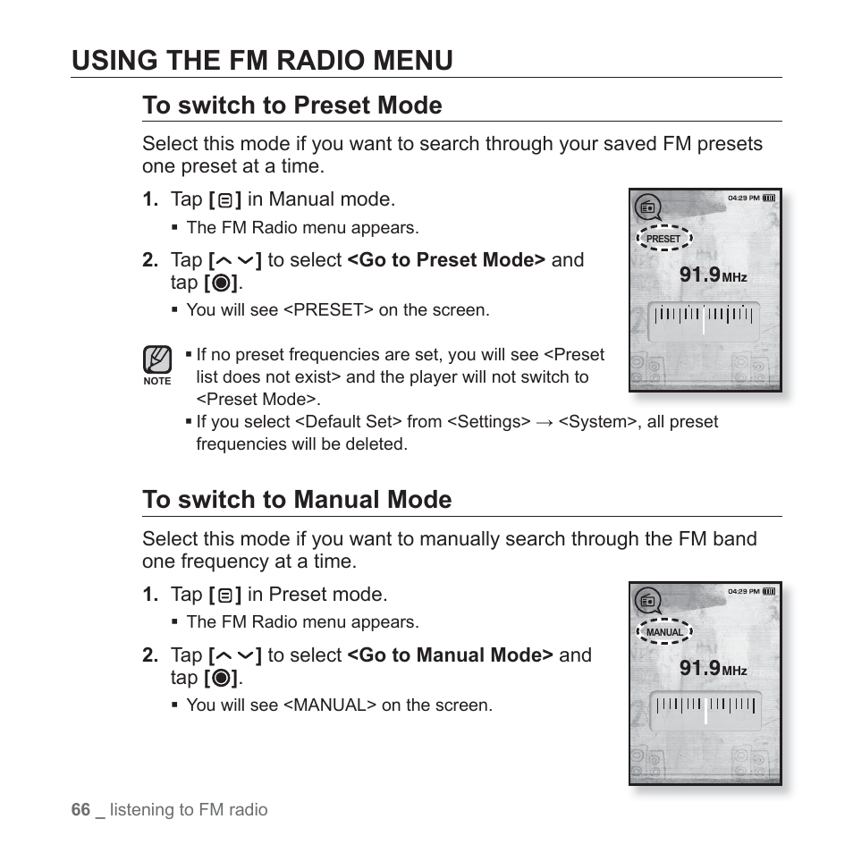 Using the fm radio menu | Samsung YP-T10JAGY-XAA User Manual | Page 66 / 121