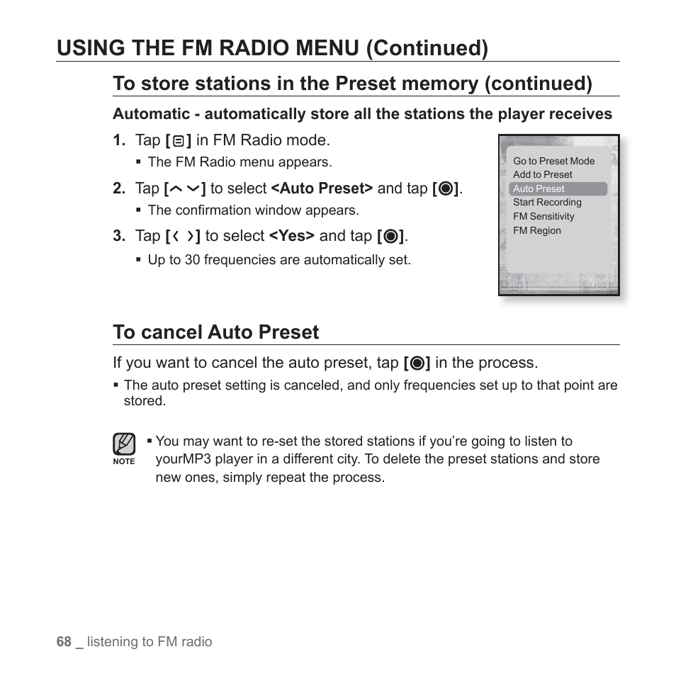 Using the fm radio menu (continued) | Samsung YP-T10JAGY-XAA User Manual | Page 68 / 121