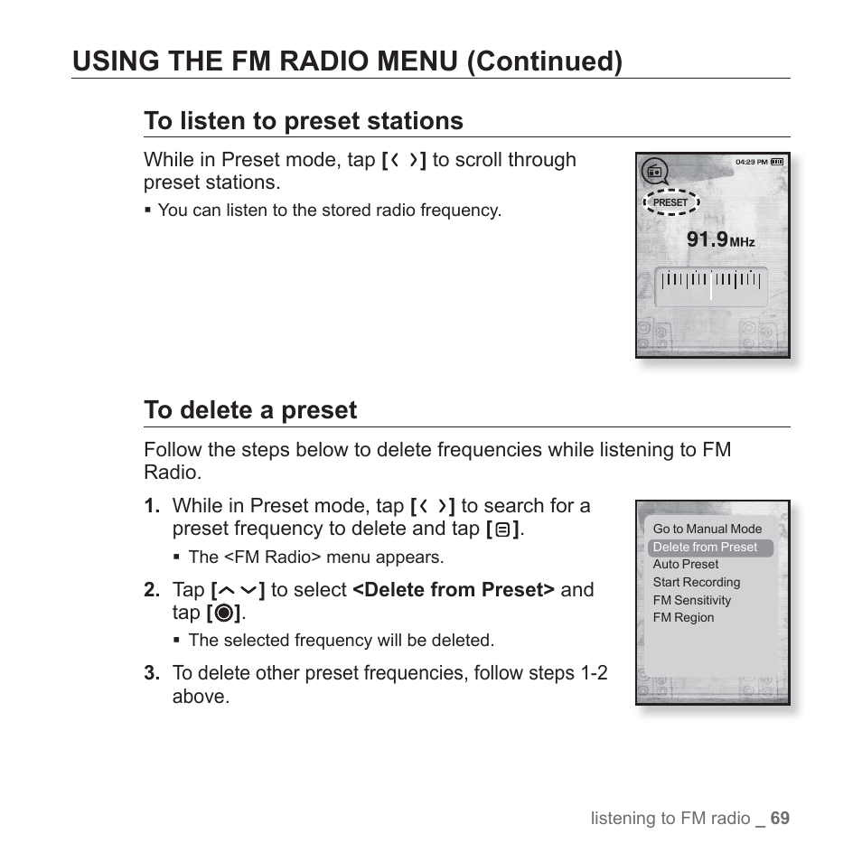 Using the fm radio menu (continued) | Samsung YP-T10JAGY-XAA User Manual | Page 69 / 121