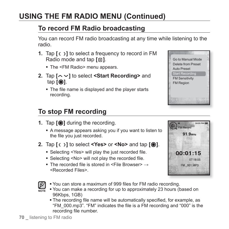 Using the fm radio menu (continued) | Samsung YP-T10JAGY-XAA User Manual | Page 70 / 121