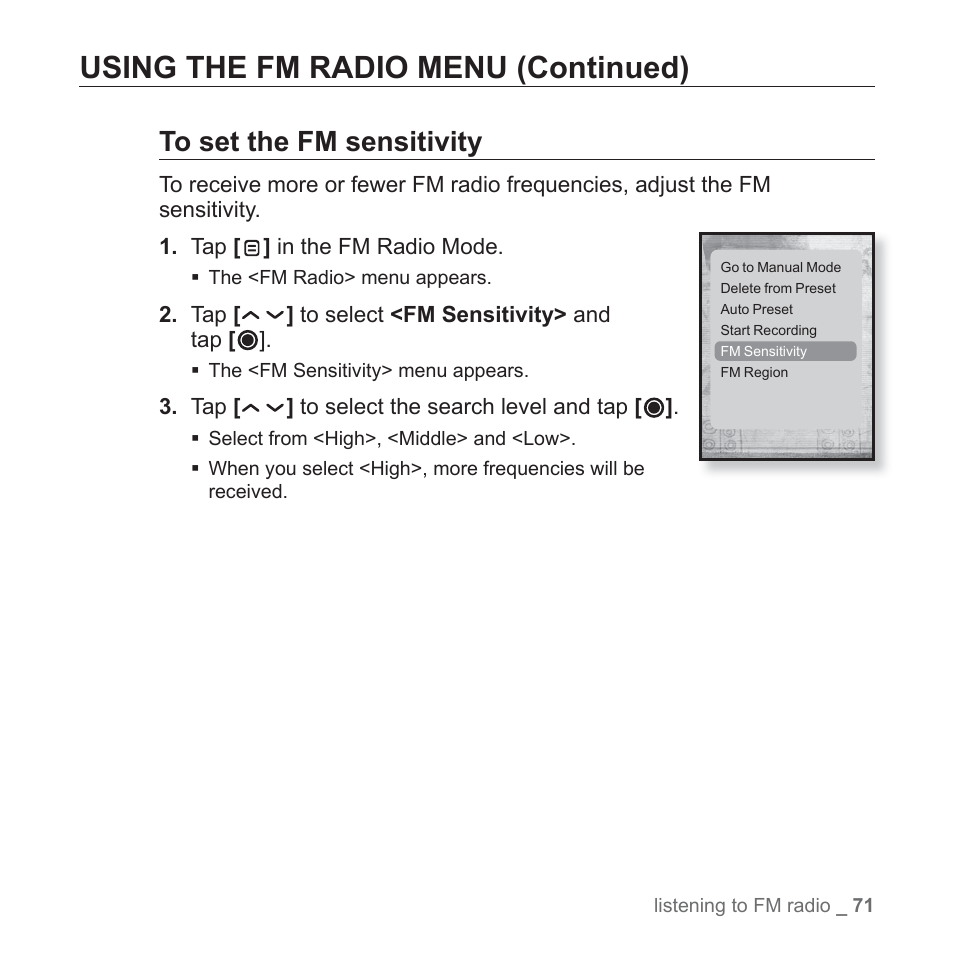 Using the fm radio menu (continued) | Samsung YP-T10JAGY-XAA User Manual | Page 71 / 121
