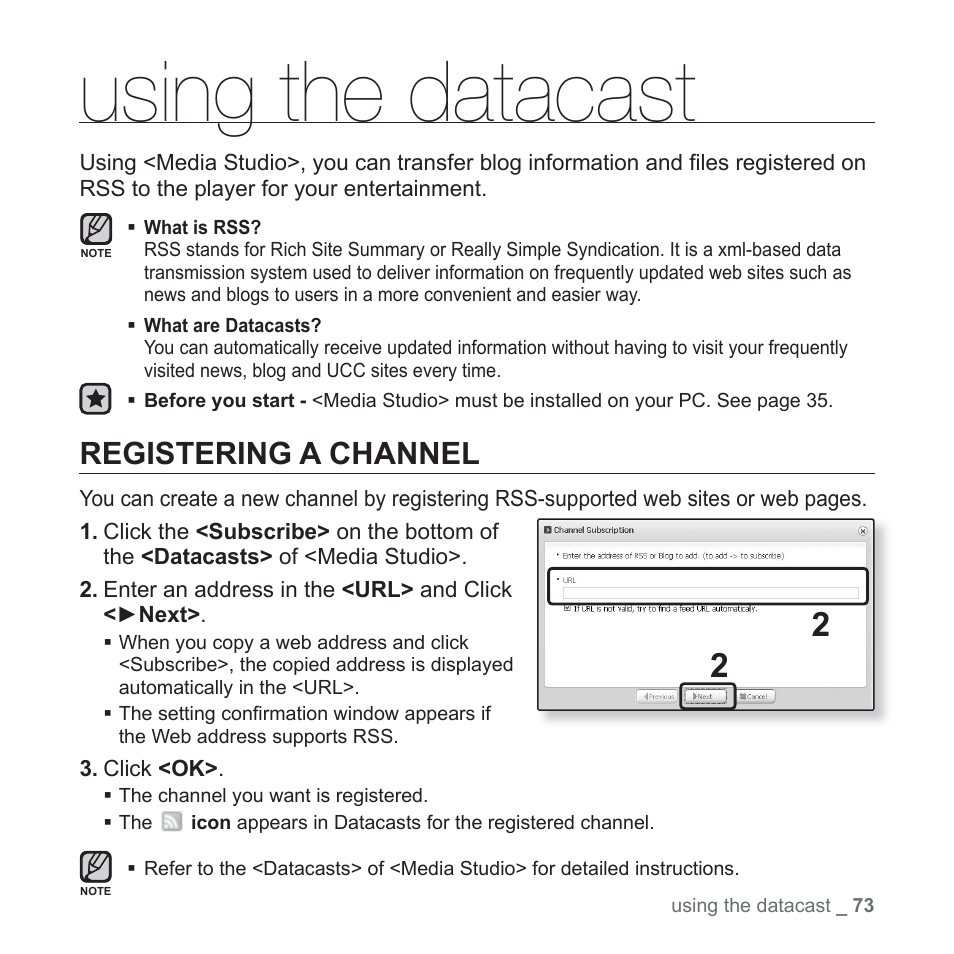 Using the datacast, Registering a channel | Samsung YP-T10JAGY-XAA User Manual | Page 73 / 121