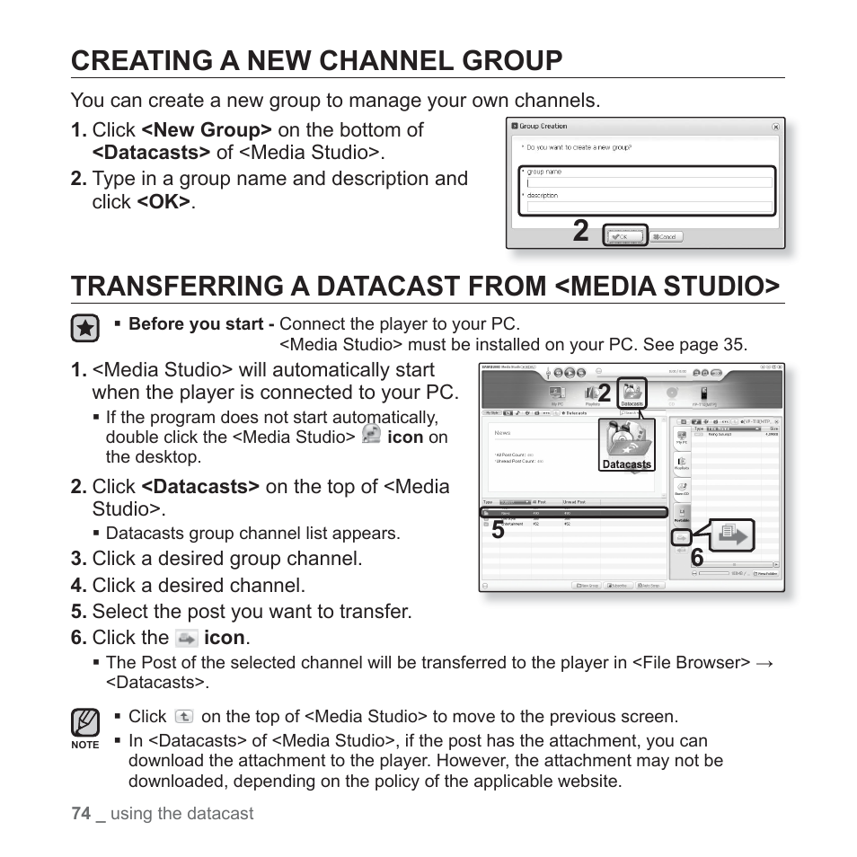 Creating a new channel group, Transferring a datacast from <media studio | Samsung YP-T10JAGY-XAA User Manual | Page 74 / 121