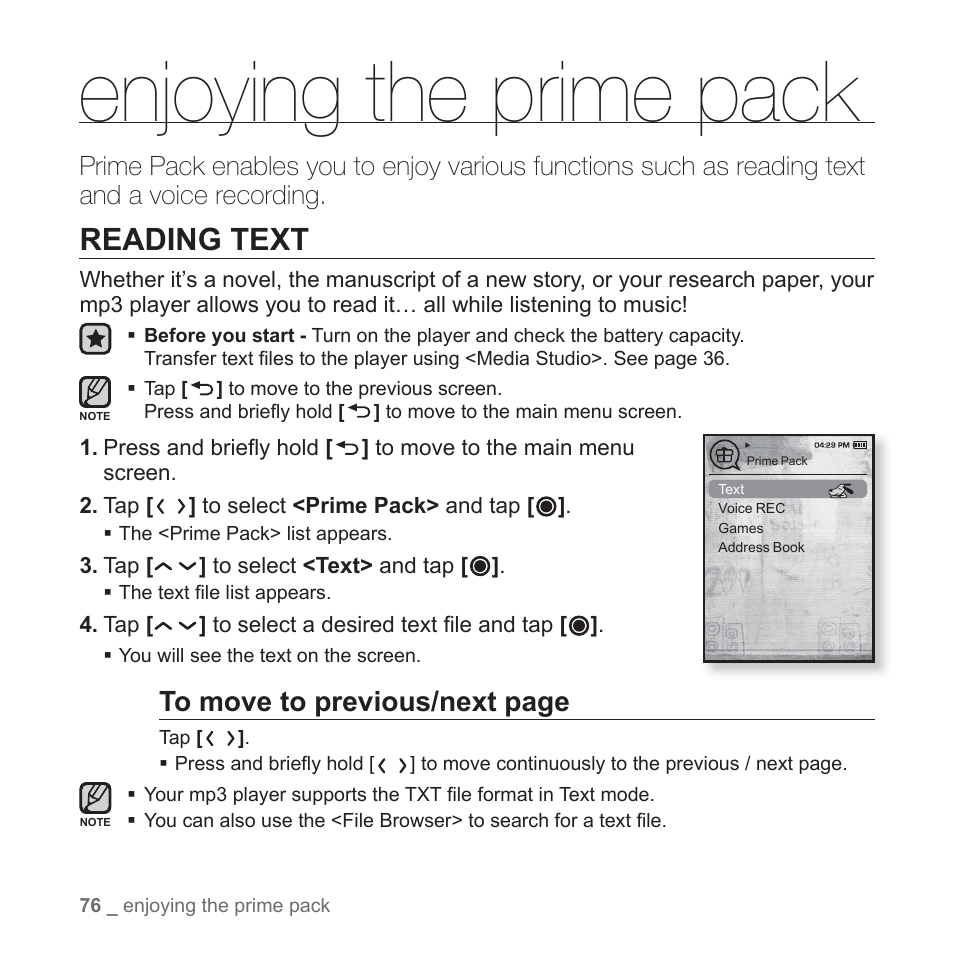 Enjoying the prime pack, Reading text | Samsung YP-T10JAGY-XAA User Manual | Page 76 / 121