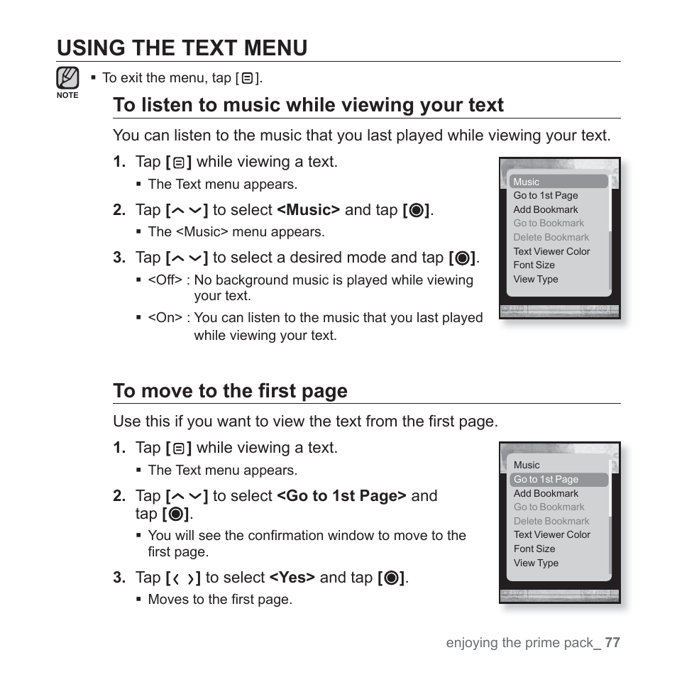 Using the text menu | Samsung YP-T10JAGY-XAA User Manual | Page 77 / 121