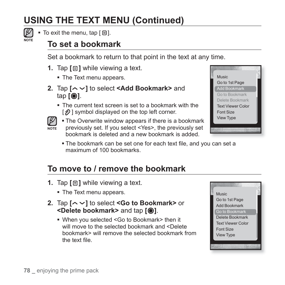 Using the text menu (continued) | Samsung YP-T10JAGY-XAA User Manual | Page 78 / 121