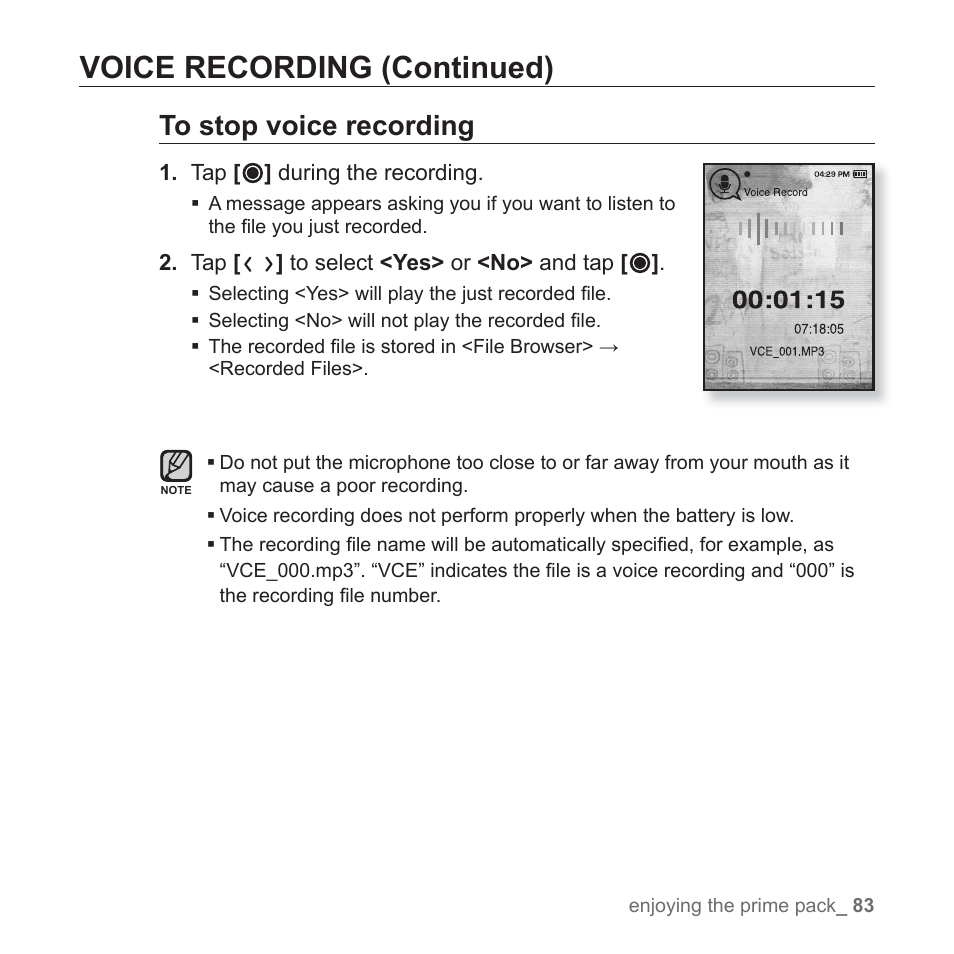 Voice recording (continued) | Samsung YP-T10JAGY-XAA User Manual | Page 83 / 121