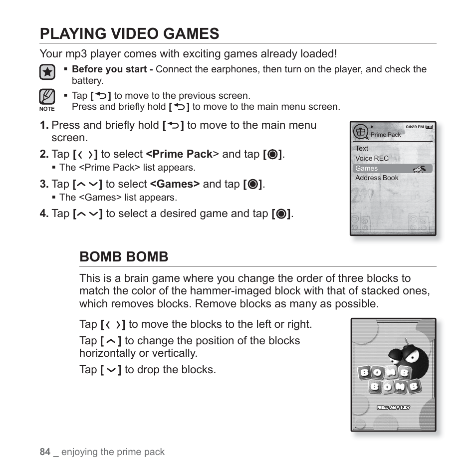 Playing video games, Bomb bomb | Samsung YP-T10JAGY-XAA User Manual | Page 84 / 121