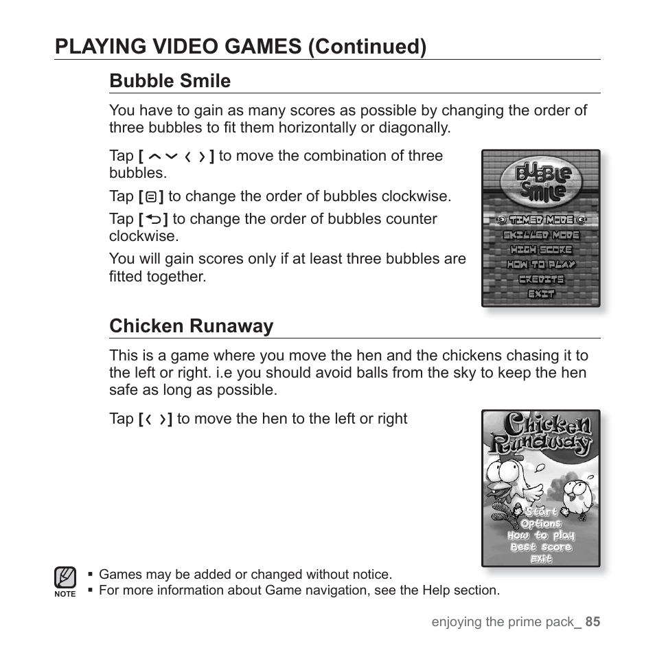 Playing video games (continued), Bubble smile, Chicken runaway | Samsung YP-T10JAGY-XAA User Manual | Page 85 / 121