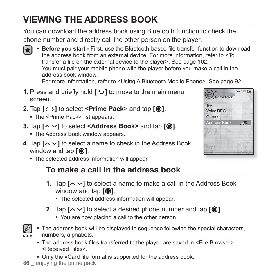 Viewing the address book | Samsung YP-T10JAGY-XAA User Manual | Page 86 / 121