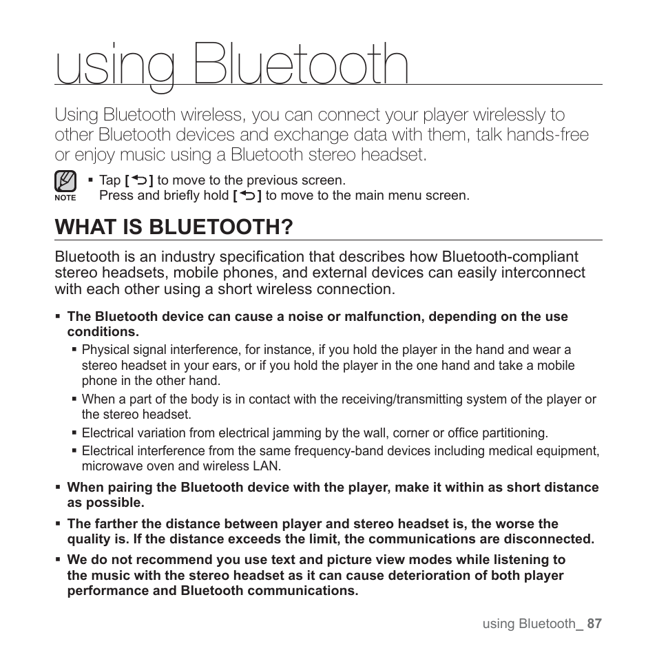 Using bluetooth, What is bluetooth | Samsung YP-T10JAGY-XAA User Manual | Page 87 / 121