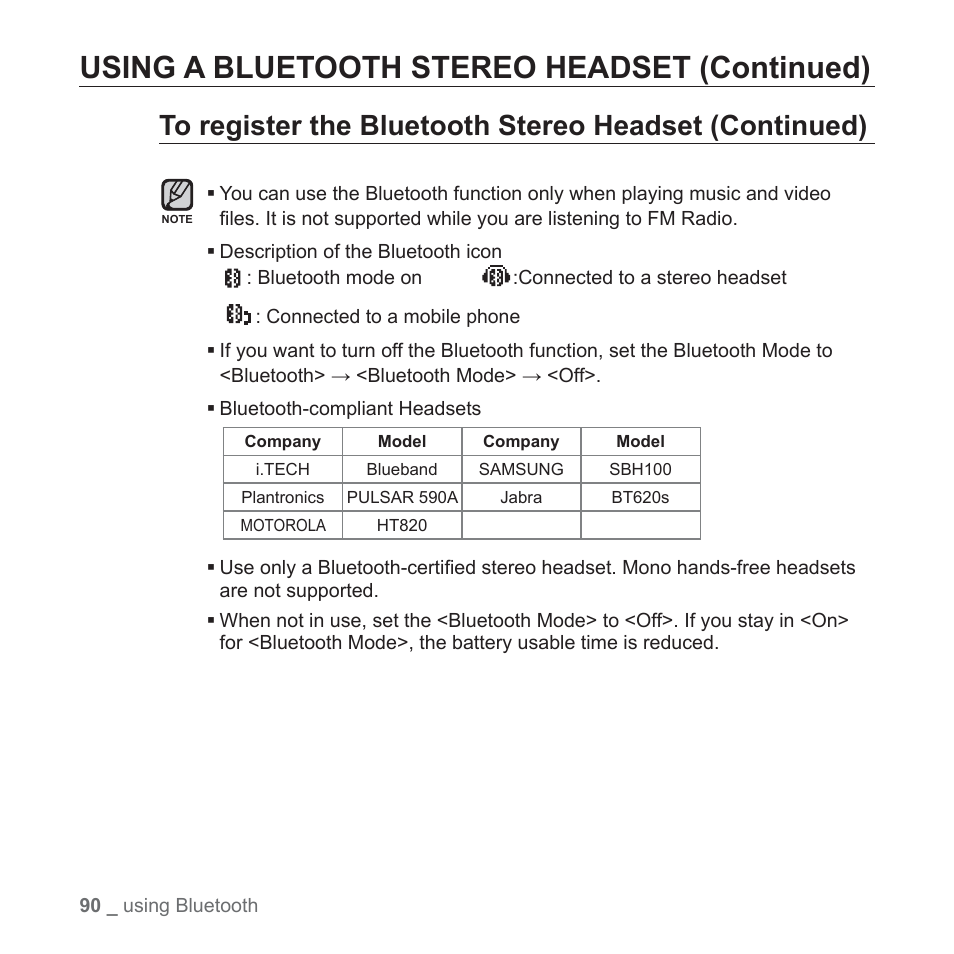 Using a bluetooth stereo headset (continued) | Samsung YP-T10JAGY-XAA User Manual | Page 90 / 121