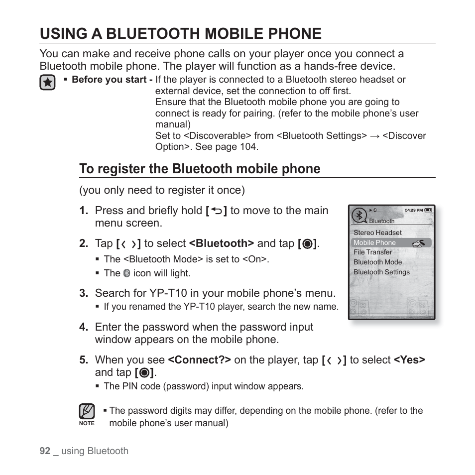 Using a bluetooth mobile phone | Samsung YP-T10JAGY-XAA User Manual | Page 92 / 121