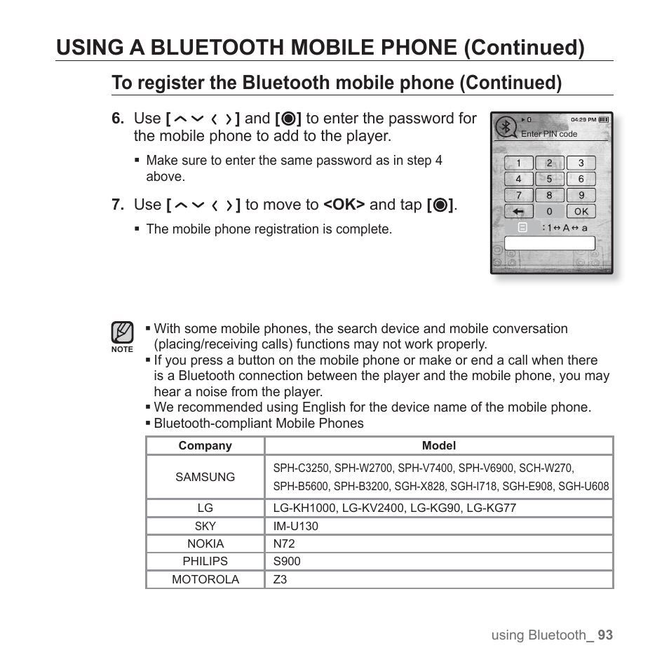 Using a bluetooth mobile phone (continued) | Samsung YP-T10JAGY-XAA User Manual | Page 93 / 121