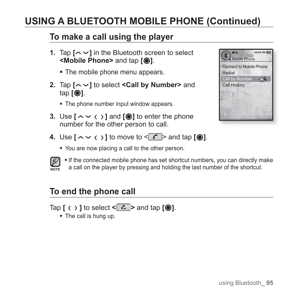 Using a bluetooth mobile phone (continued) | Samsung YP-T10JAGY-XAA User Manual | Page 95 / 121