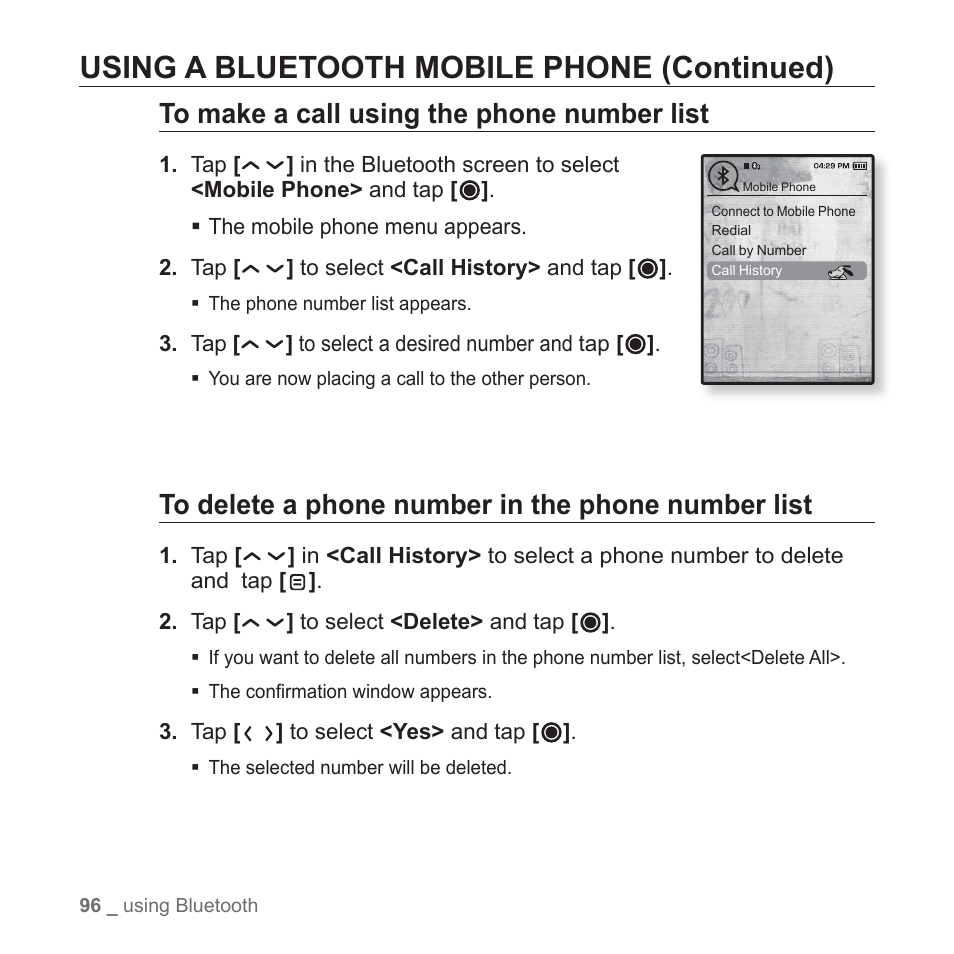 Using a bluetooth mobile phone (continued) | Samsung YP-T10JAGY-XAA User Manual | Page 96 / 121