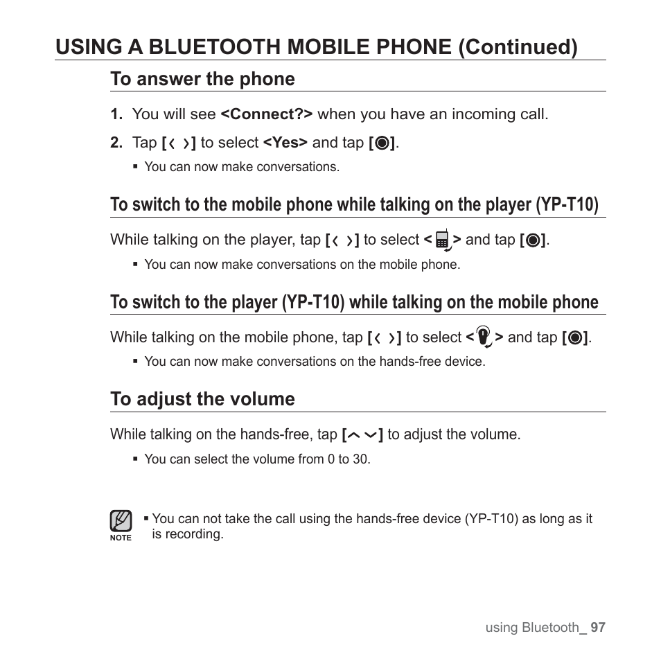 Using a bluetooth mobile phone (continued) | Samsung YP-T10JAGY-XAA User Manual | Page 97 / 121