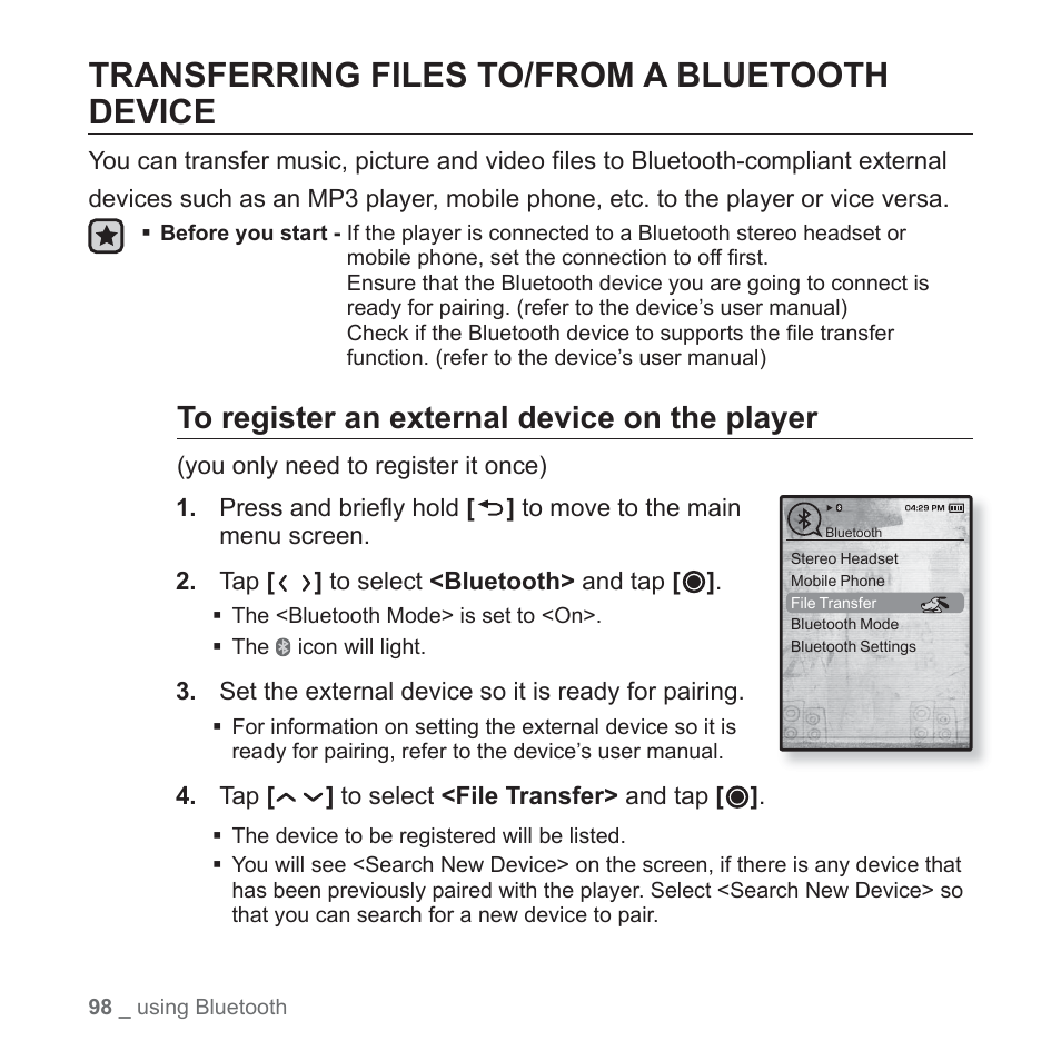 Transferring files to/from a bluetoothdevice, Transferring files to/from a bluetooth device | Samsung YP-T10JAGY-XAA User Manual | Page 98 / 121