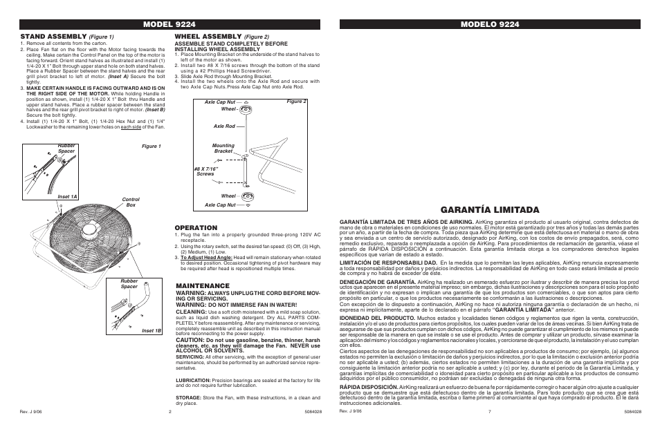 Garantía limitada, Stand assembly, Wheel assembly | Operation, Maintenance | Air King 9224 User Manual | Page 2 / 4