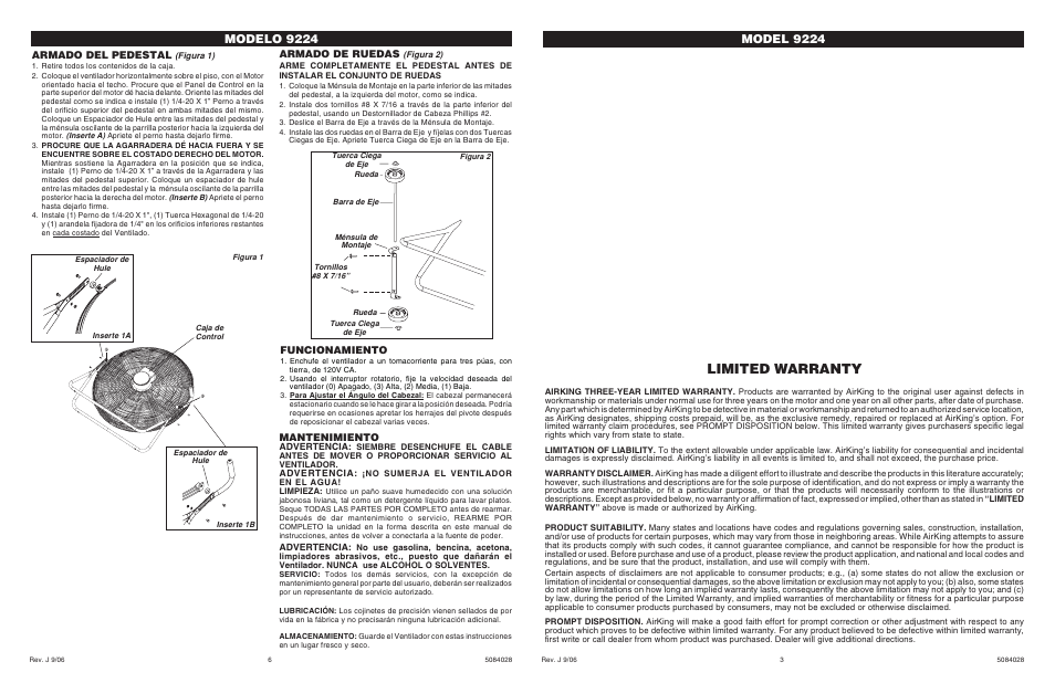 Limited warranty, Mantenimiento, Armado del pedestal | Armado de ruedas, Funcionamiento | Air King 9224 User Manual | Page 3 / 4