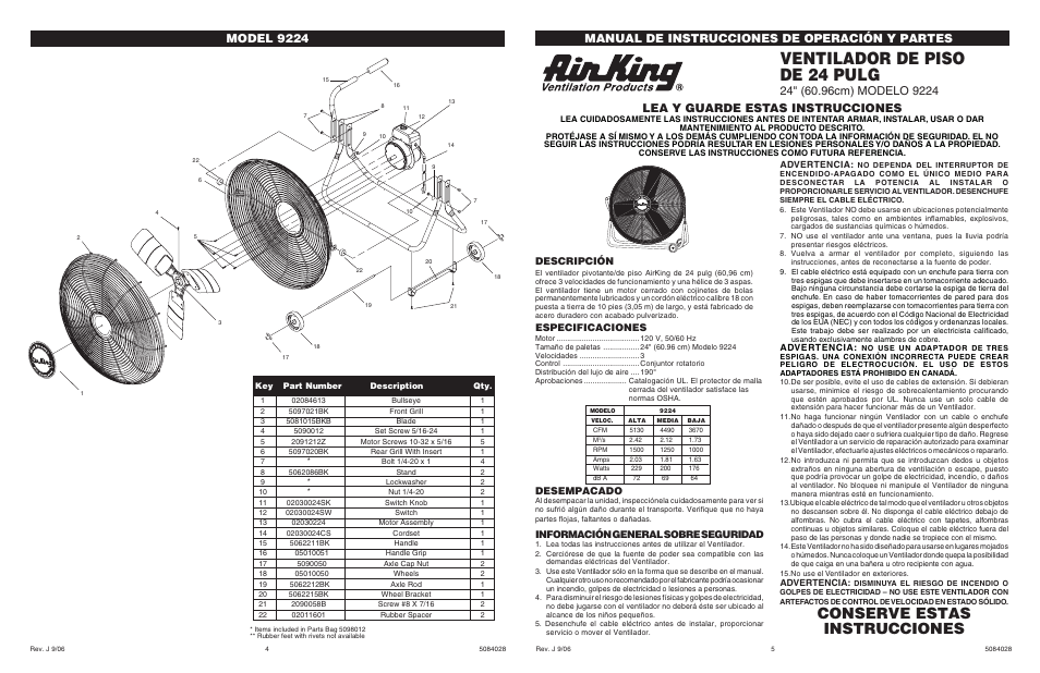 Ventilador de piso de 24 pulg, Conserve estas instrucciones, Model 9224 | Especificaciones, Descripción, Desempacado, Información general sobre seguridad | Air King 9224 User Manual | Page 4 / 4