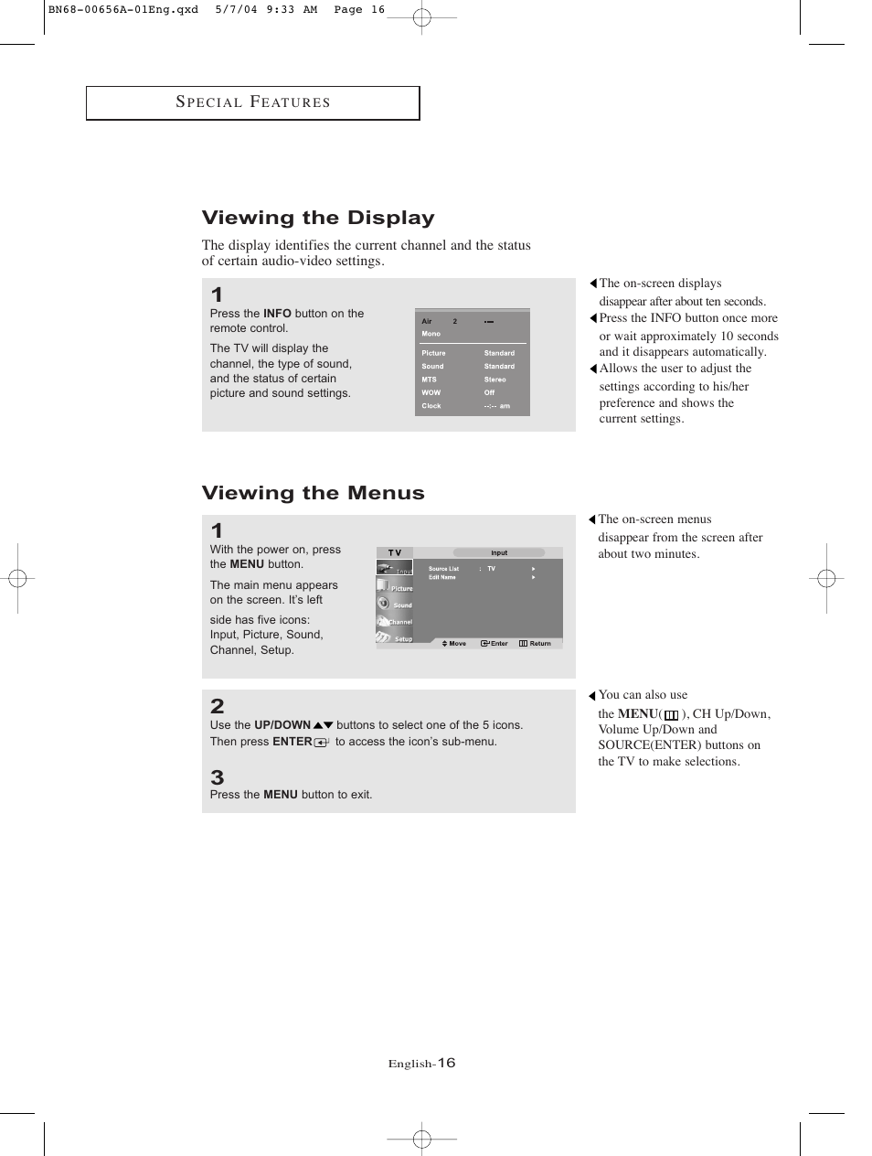 Viewing the display, Viewing the menus | Samsung LTP266WX-XAA User Manual | Page 19 / 77