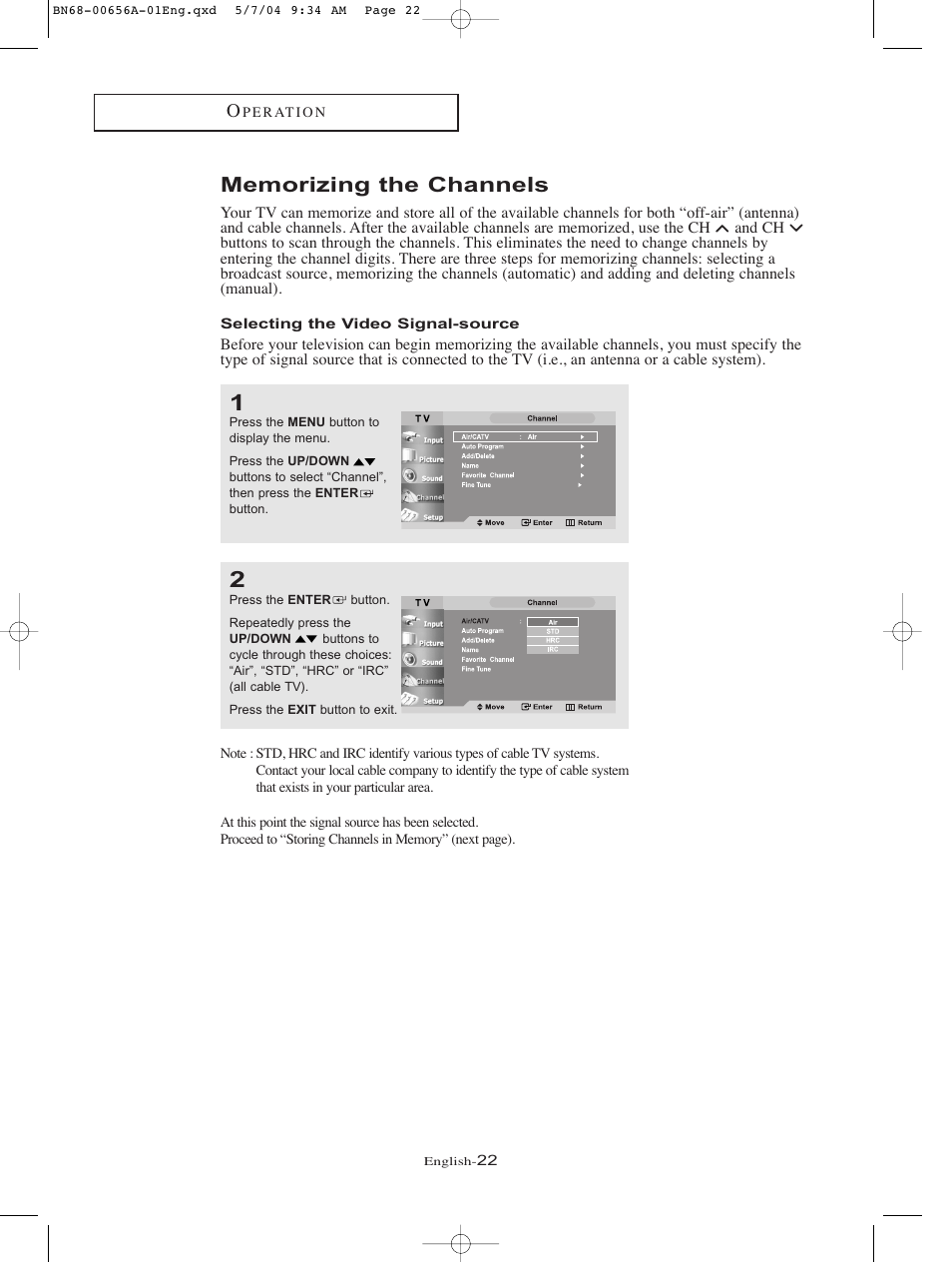 Memorizing the channels, Selecting the video signal-source | Samsung LTP266WX-XAA User Manual | Page 25 / 77