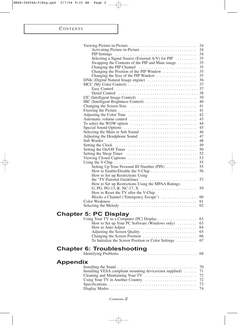 Chapter 5: pc display, Chapter 6: troubleshooting, Appendix | Samsung LTP266WX-XAA User Manual | Page 3 / 77