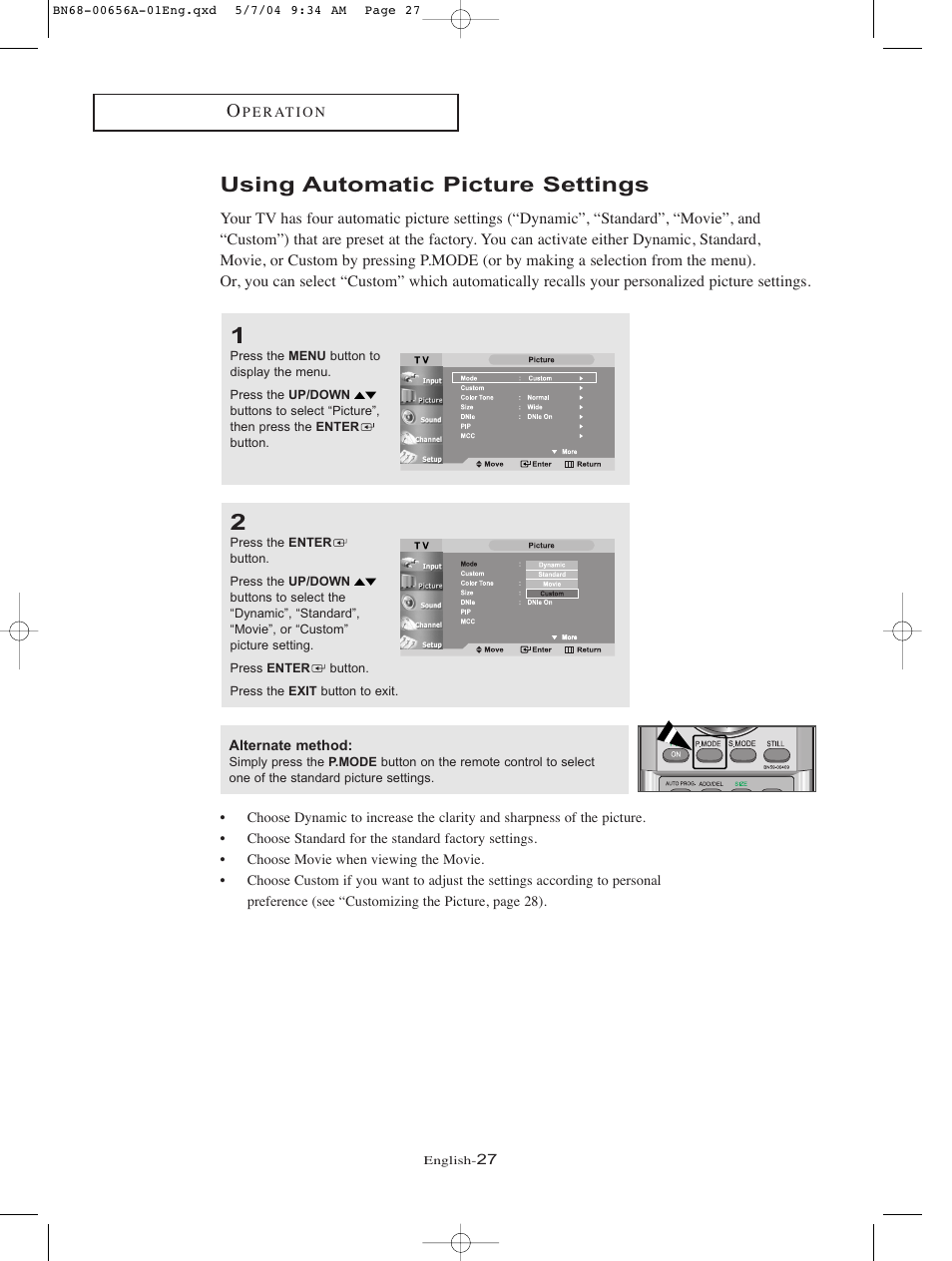 Using automatic picture settings | Samsung LTP266WX-XAA User Manual | Page 30 / 77