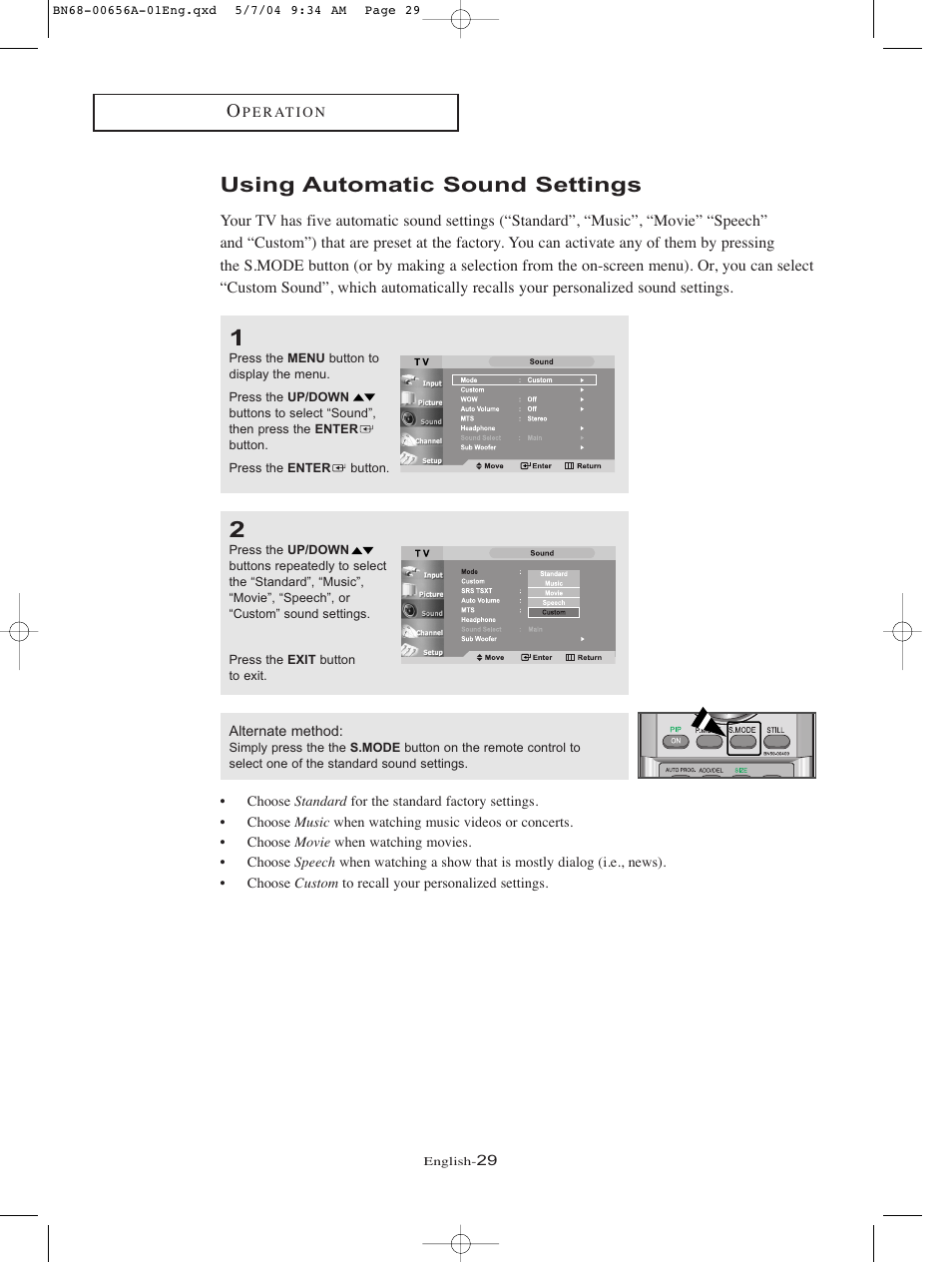 Using automatic sound settings | Samsung LTP266WX-XAA User Manual | Page 32 / 77