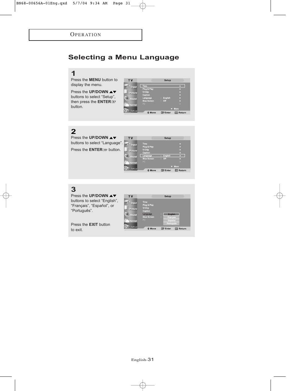 Selecting a menu language | Samsung LTP266WX-XAA User Manual | Page 34 / 77