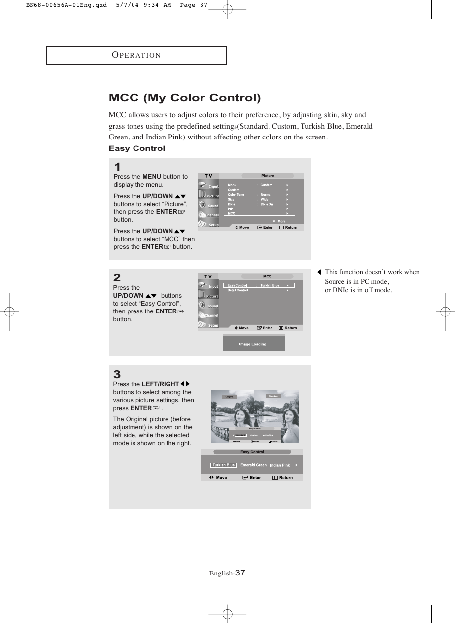 Mcc (my color control), Easy control | Samsung LTP266WX-XAA User Manual | Page 40 / 77