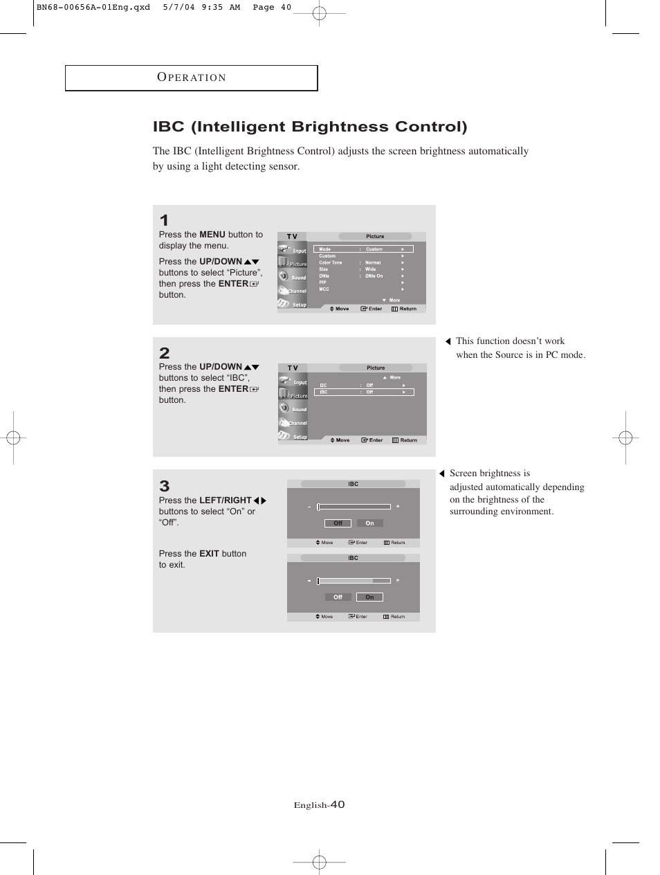 Ibc (intelligent brightness control) | Samsung LTP266WX-XAA User Manual | Page 43 / 77
