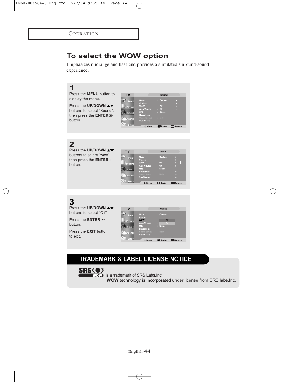 To select the wow option, Trademark & label license notice | Samsung LTP266WX-XAA User Manual | Page 47 / 77