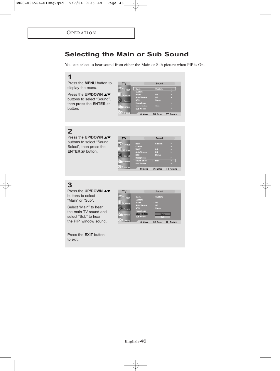 Selecting the main or sub sound | Samsung LTP266WX-XAA User Manual | Page 49 / 77