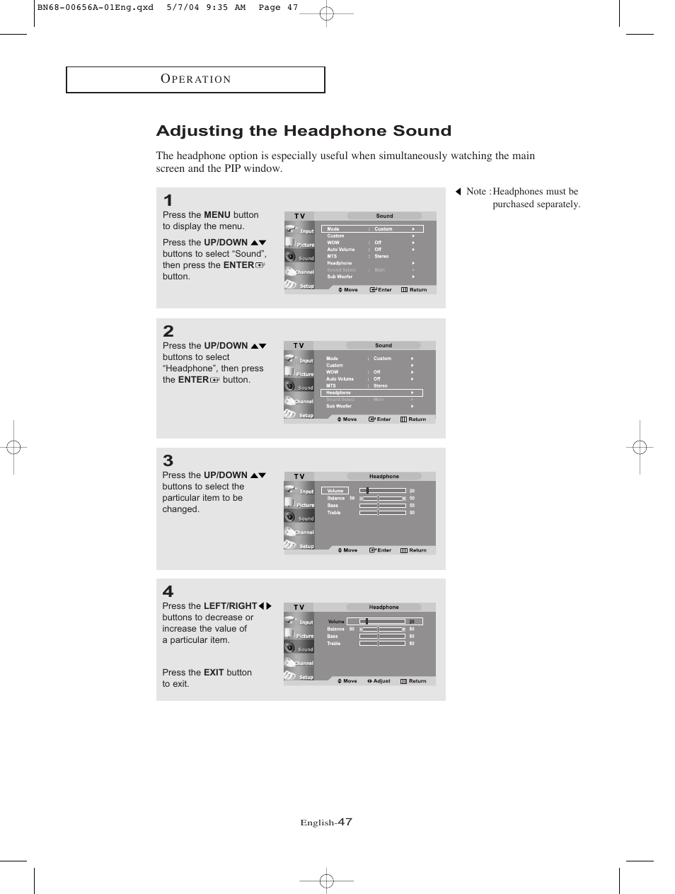 Adjusting the headphone sound | Samsung LTP266WX-XAA User Manual | Page 50 / 77